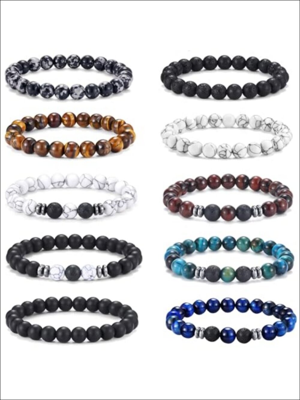 10 Pcs Natural Stone Beaded Bracelet Set 8MM Adjustable Stretch